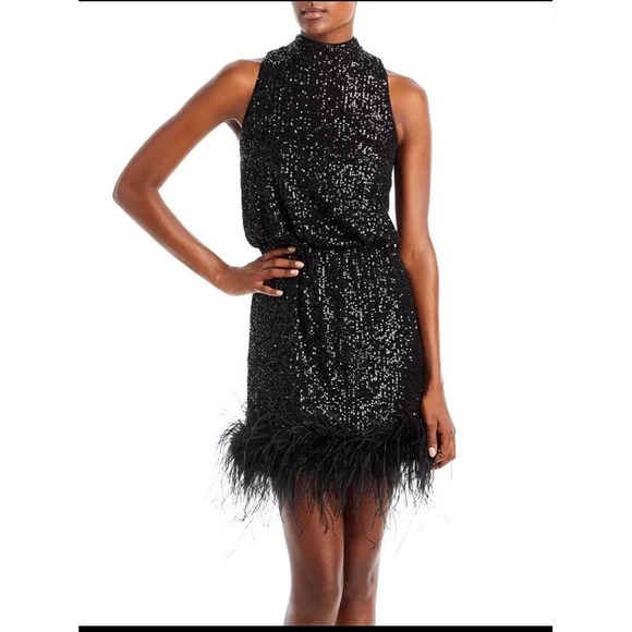 Eliza J Dresses & Skirts - Eliza J Black Sequined Feathered Zippered Sleeveless Halter Dress Size 8 Party